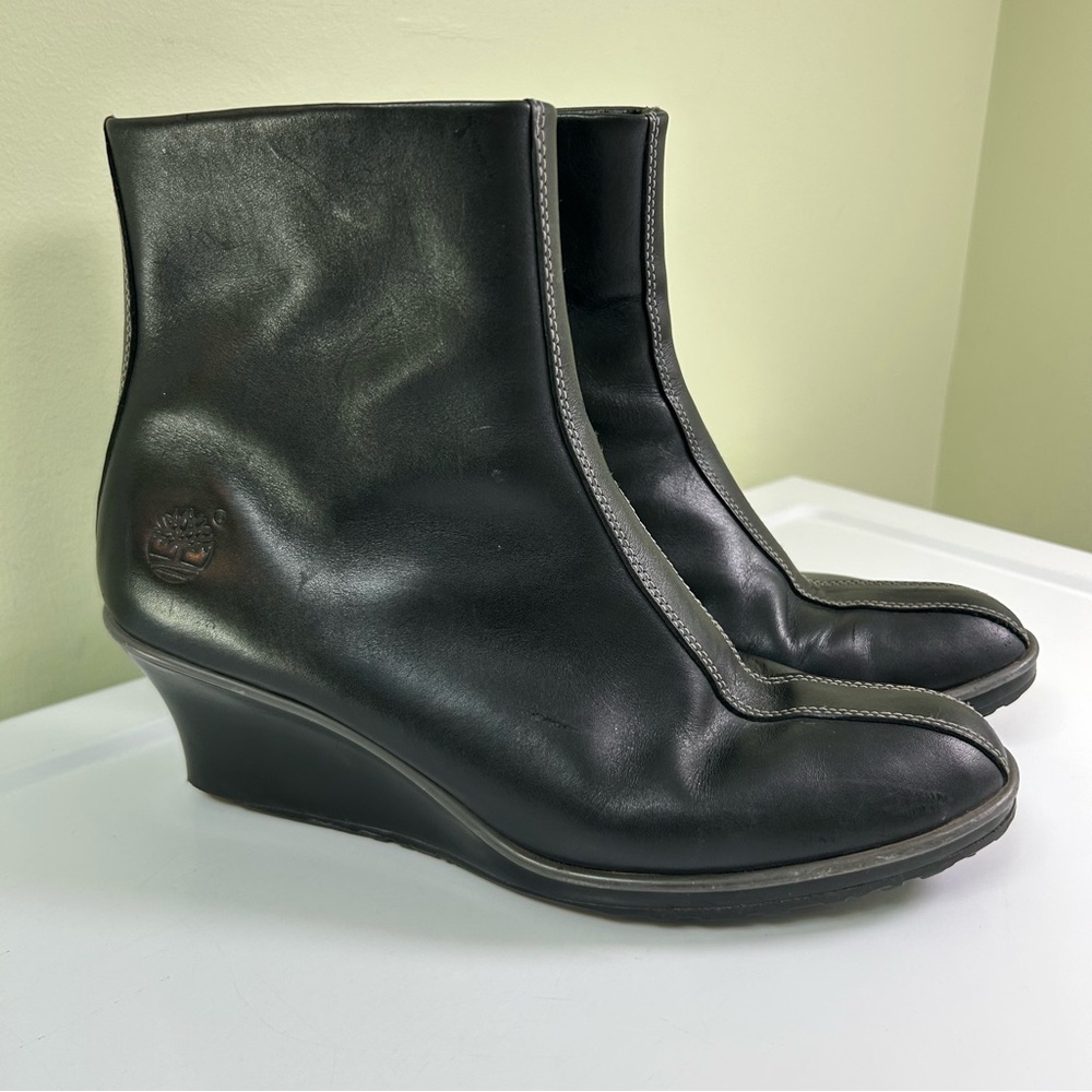 Timberland Wedge Zip Up Booties Women’s 8.5 Black Leather Boots Shoes 89328